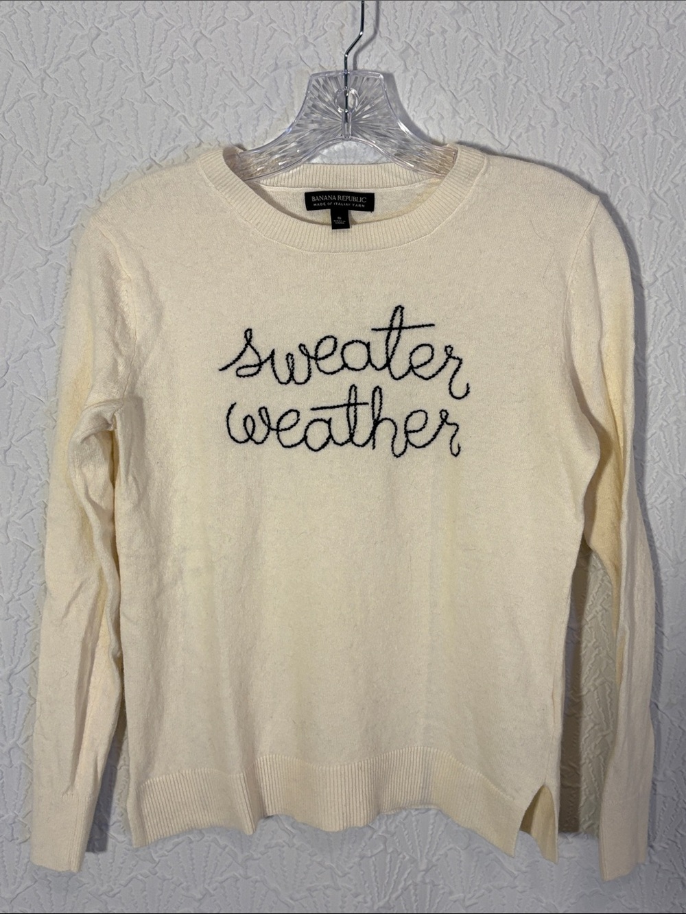 Banana Republic Cream Crewneck Sweater 'sweater weather' Script wool/rayon/cashm